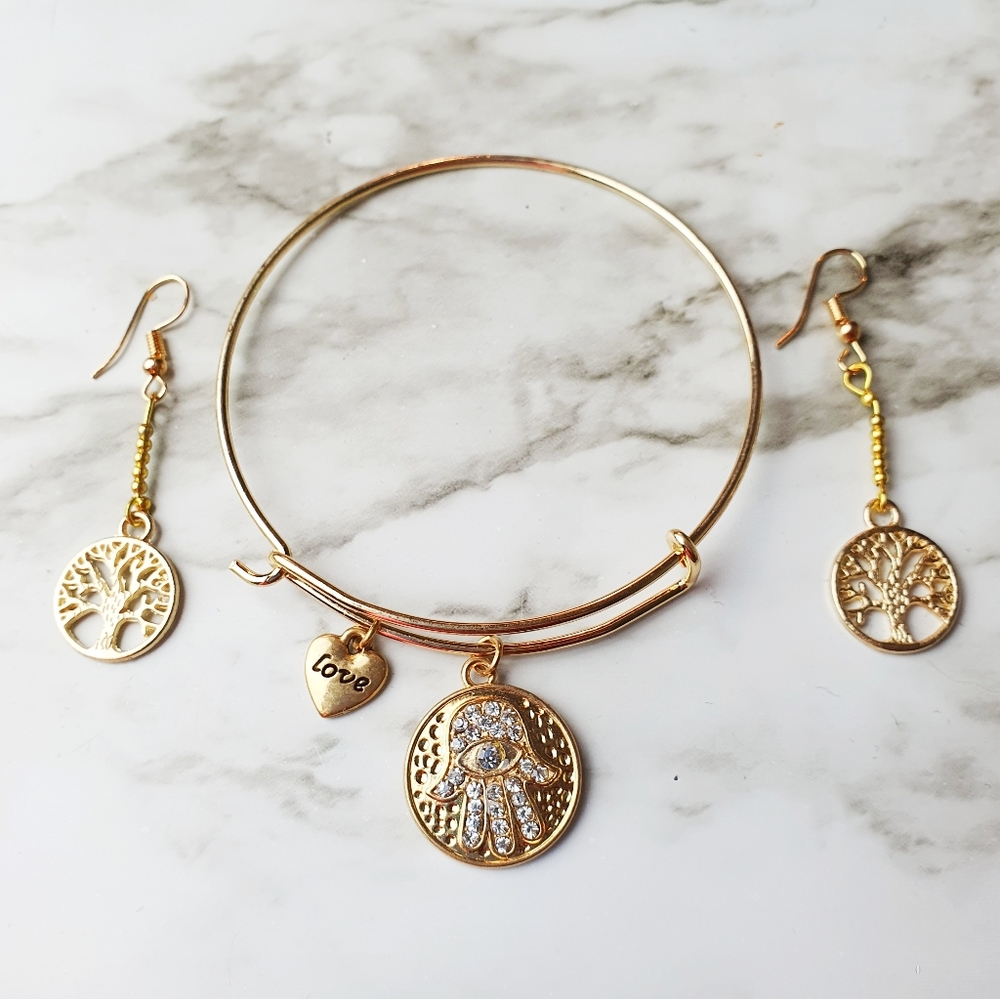 Hamsa Charm & Tree Of Life Earings Set
